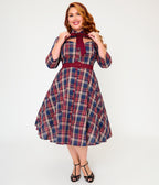 Unique Vintage Plus Size Blue & Burgundy Plaid Bonnie Swing Dress