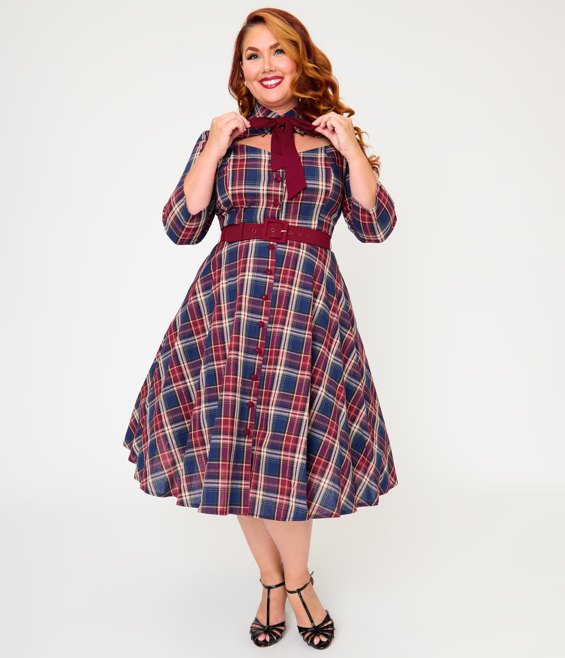 Unique Vintage Plus Size Blue & Burgundy Plaid Bonnie Swing Dress
