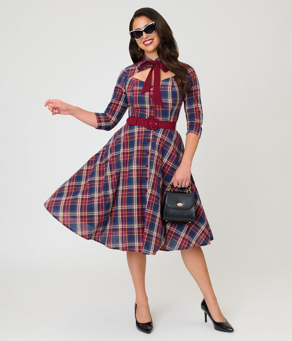 Unique Vintage Blue & Burgundy Plaid Bonnie Swing Dress