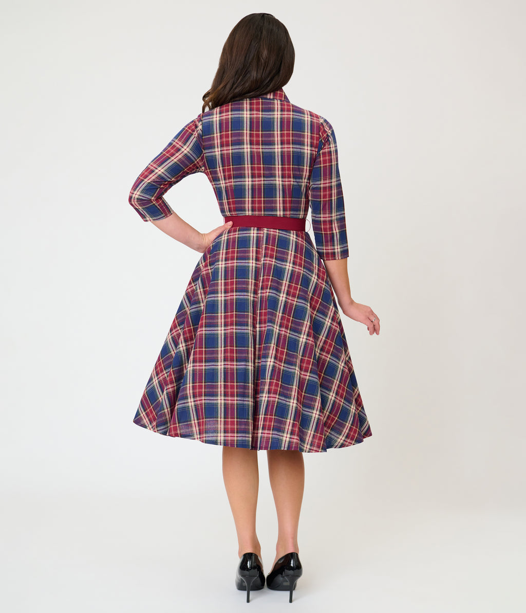 Unique Vintage Blue & Burgundy Plaid Bonnie Swing Dress