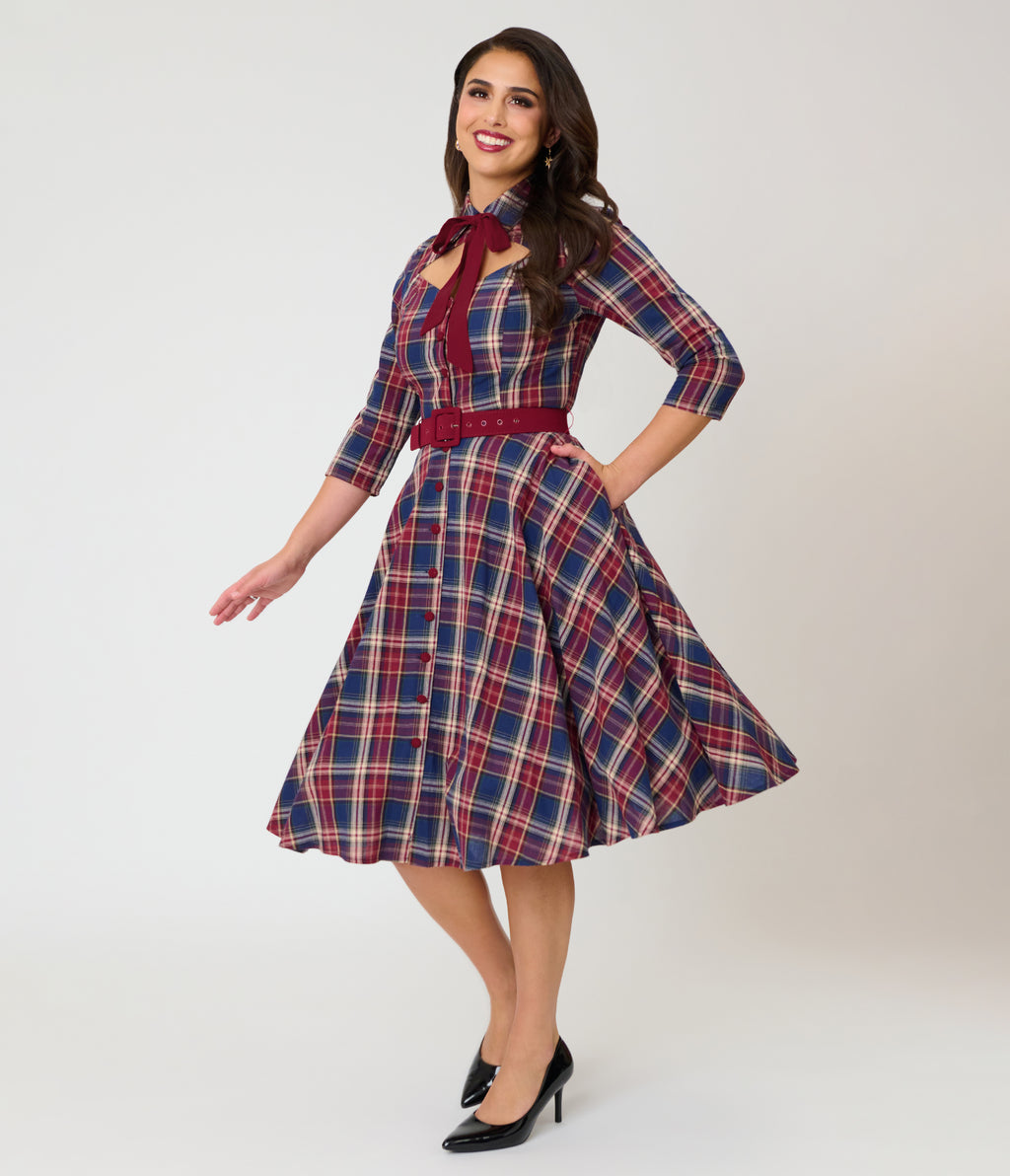 Unique Vintage Blue & Burgundy Plaid Bonnie Swing Dress