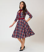 Unique Vintage Blue & Burgundy Plaid Bonnie Swing Dress
