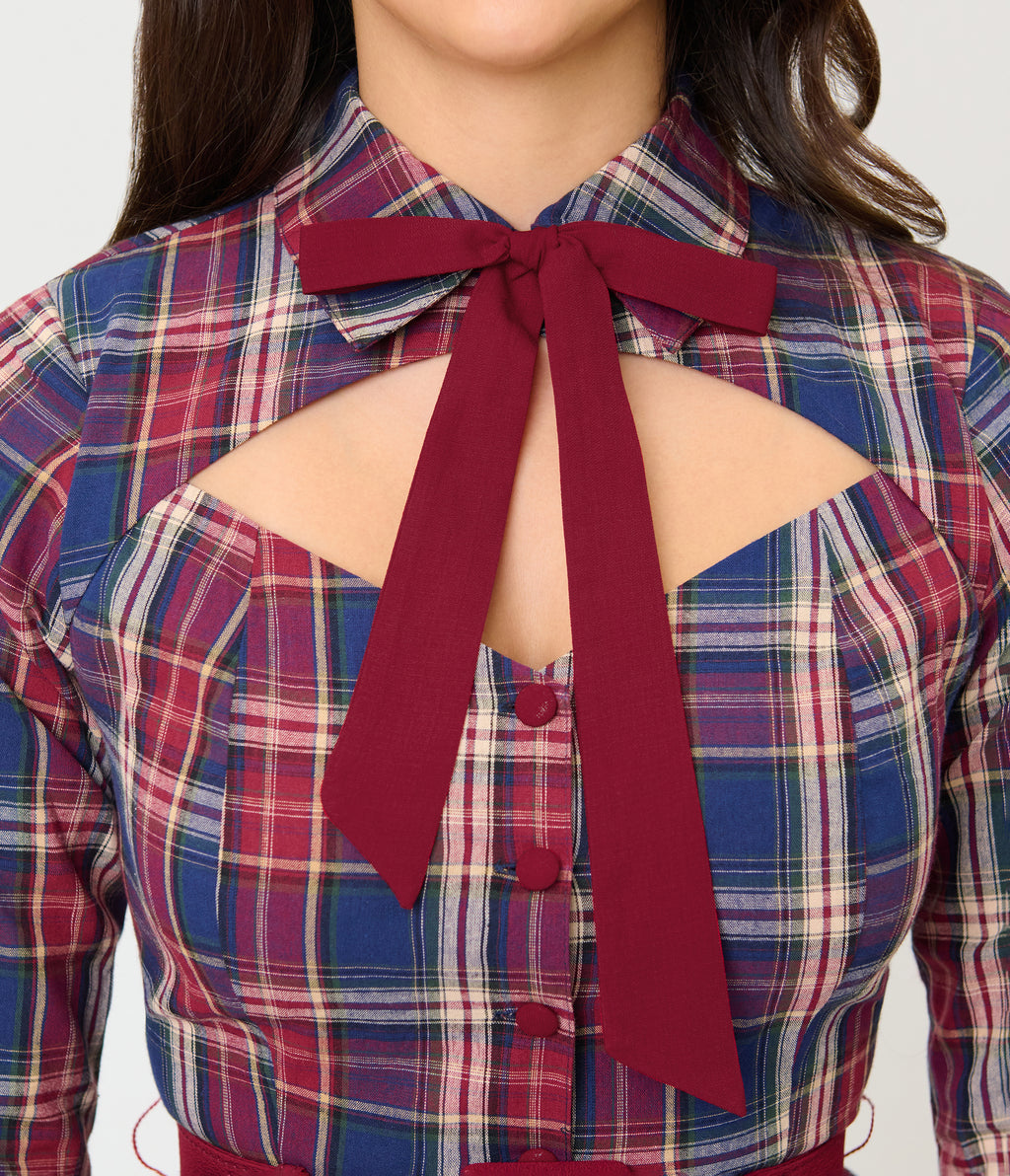Unique Vintage Blue & Burgundy Plaid Bonnie Swing Dress