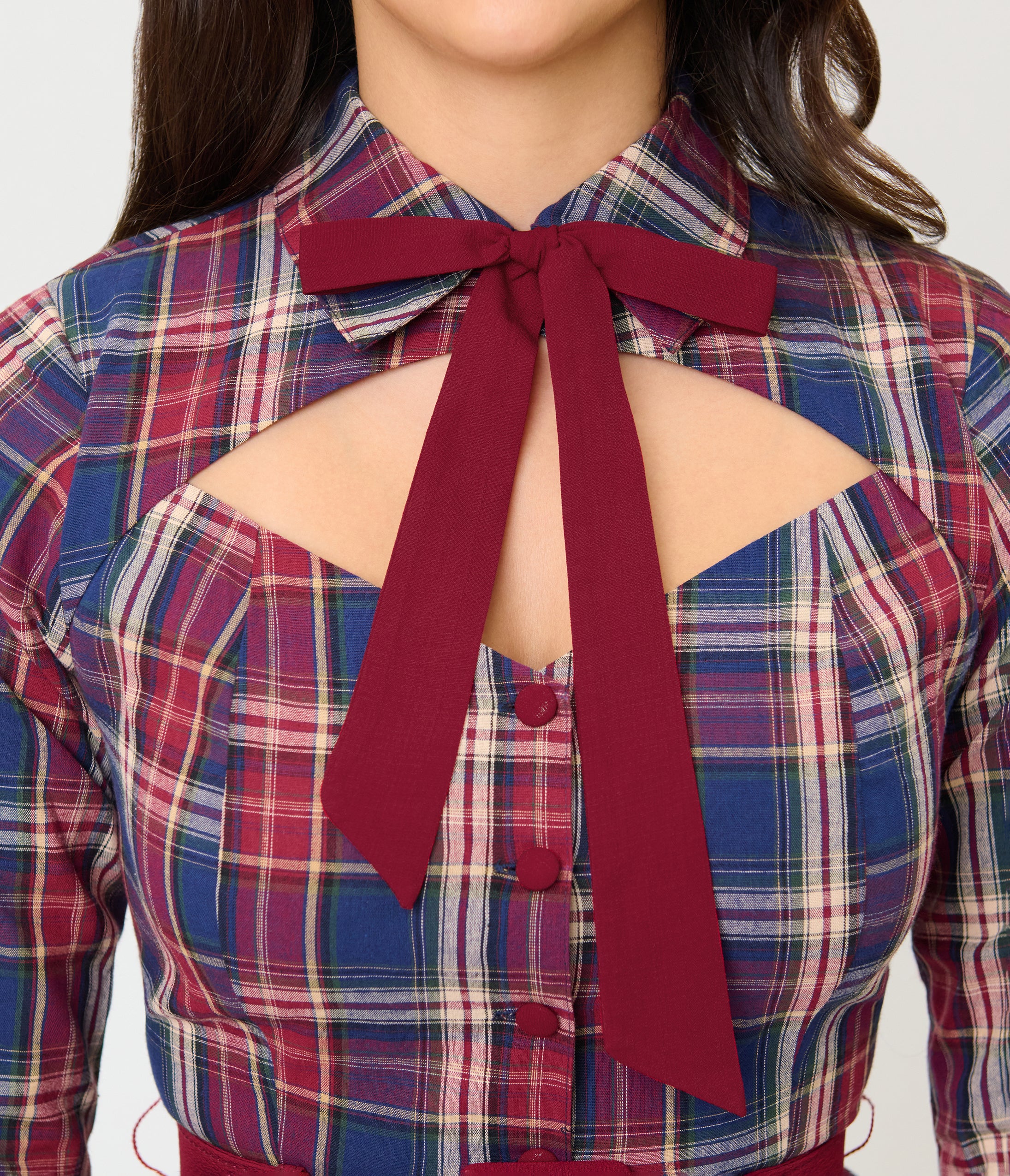 Unique Vintage Blue & Burgundy Plaid Bonnie Swing Dress