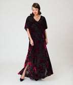 Unique Vintage Black & Burgundy Floral Burnout Shannon Caftan