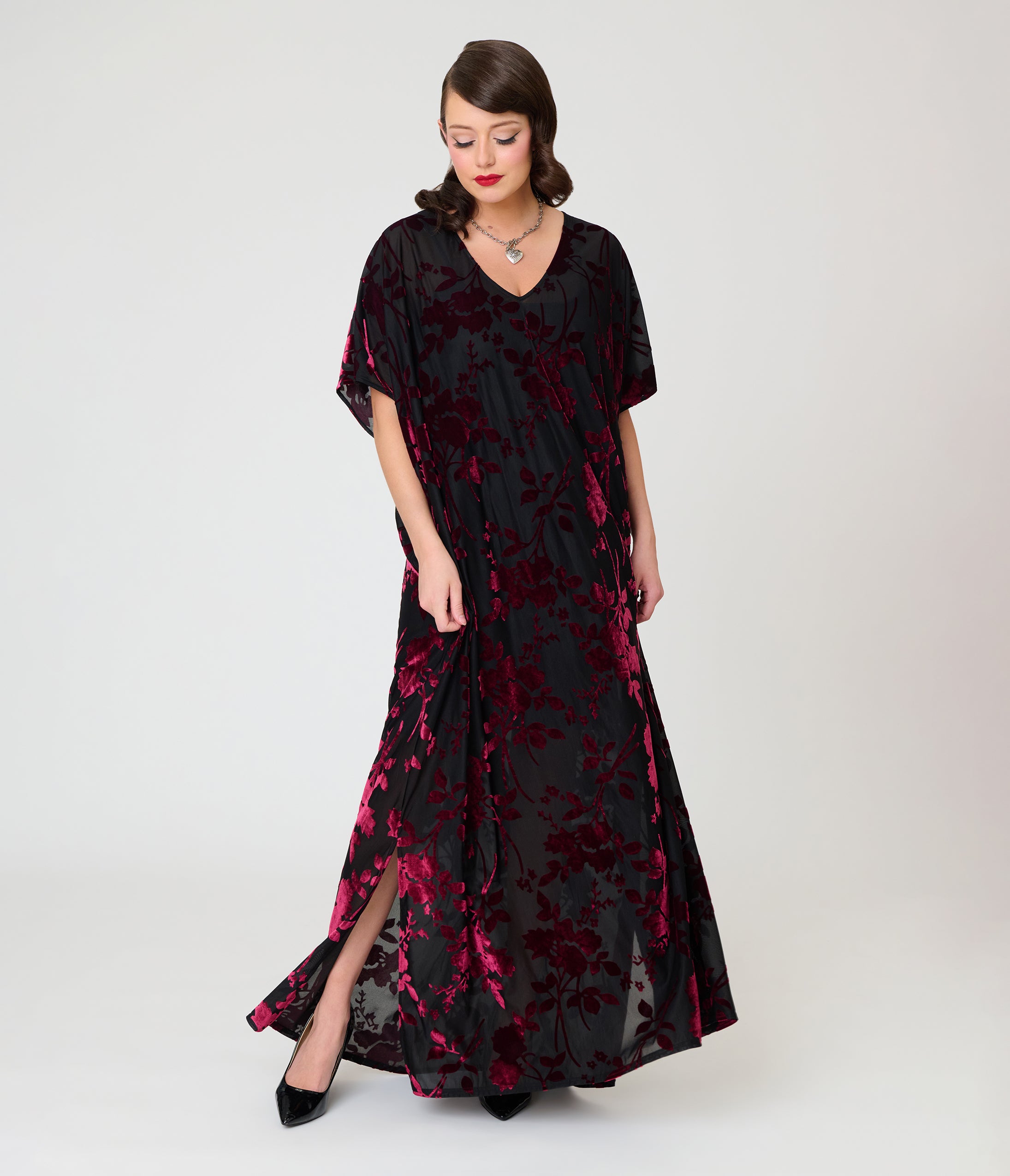 Unique Vintage Black & Burgundy Floral Burnout Shannon Caftan