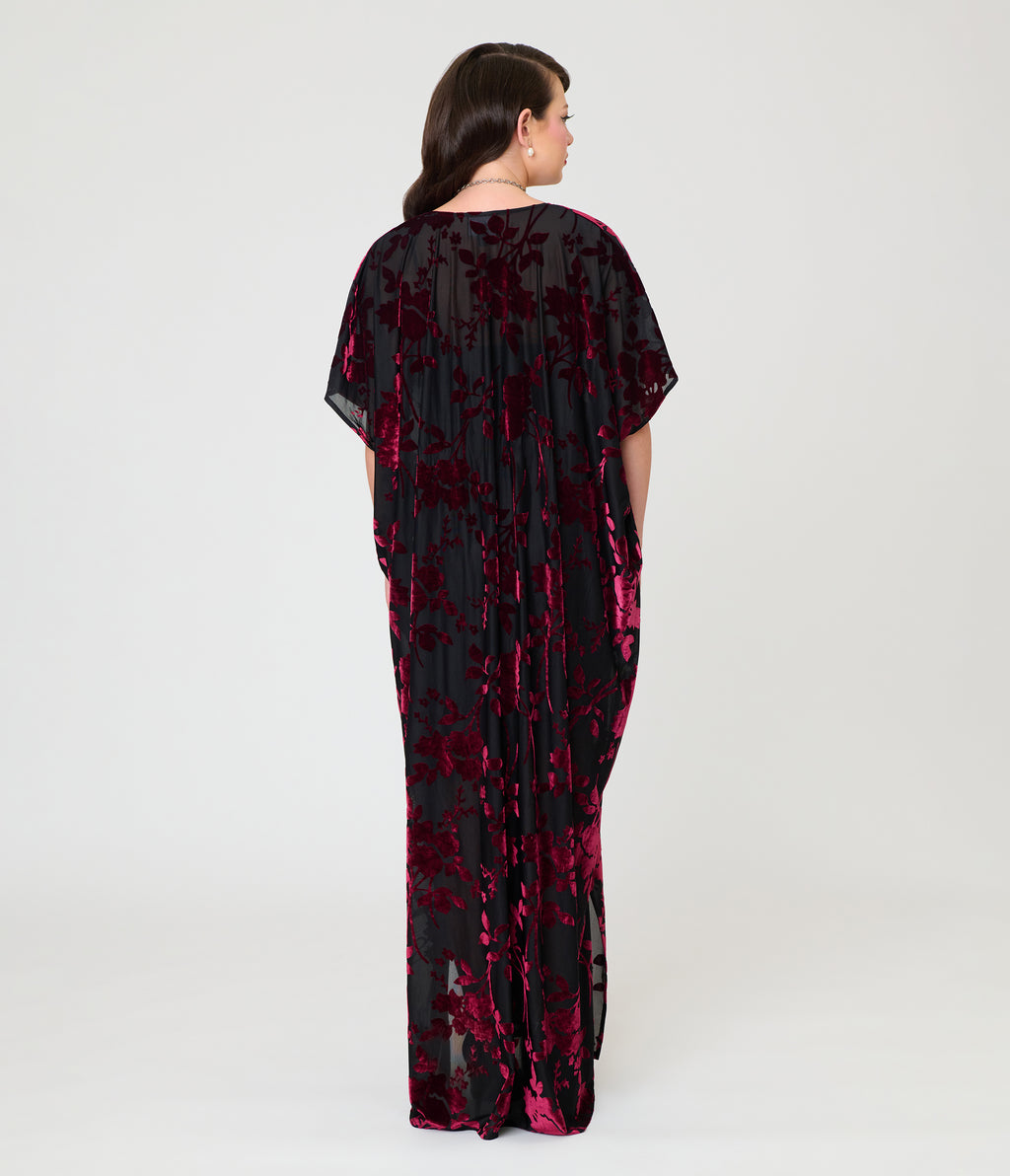 Unique Vintage Black & Burgundy Floral Burnout Shannon Caftan