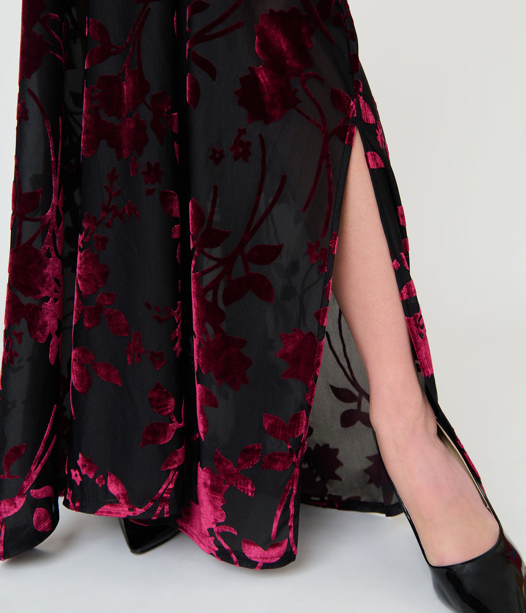 Unique Vintage Black & Burgundy Floral Burnout Shannon Caftan