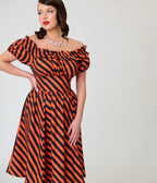 Unique Vintage Orange & Black Stripe Off The Shoulder Ruffle Sandra Swing Dress