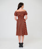 Unique Vintage Orange & Black Stripe Off The Shoulder Ruffle Sandra Swing Dress