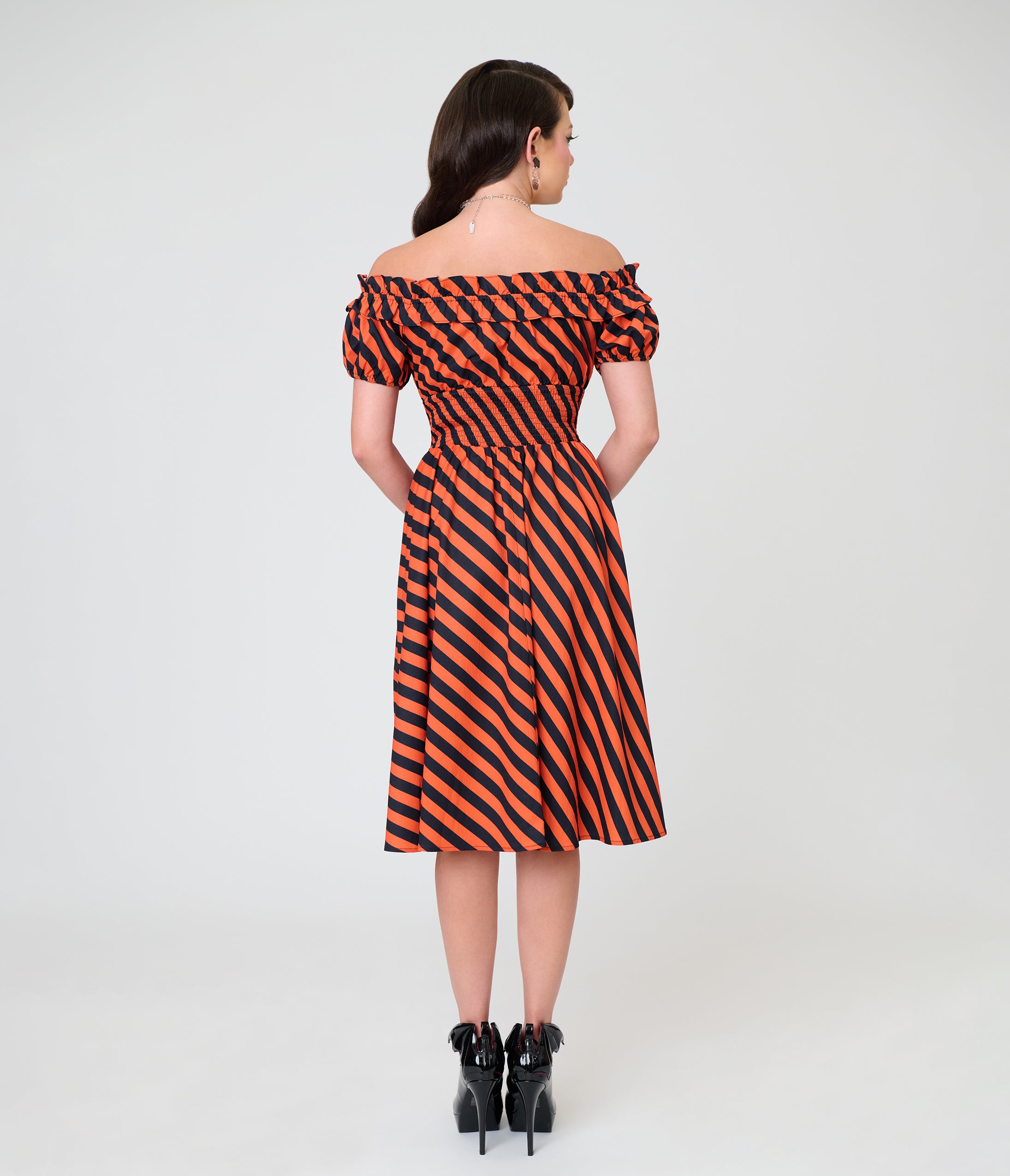 Unique Vintage Orange & Black Stripe Off The Shoulder Ruffle Sandra Swing Dress