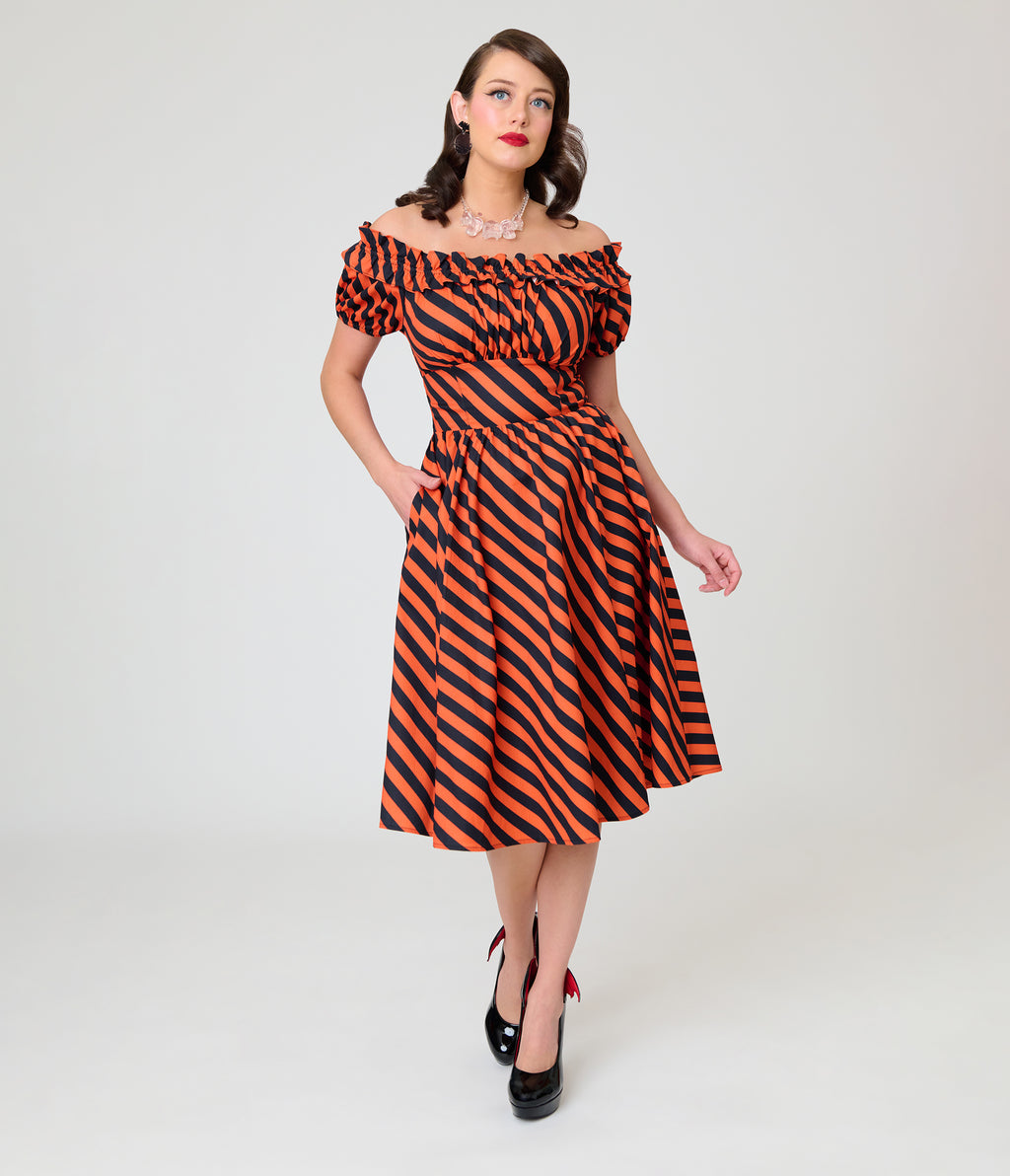 Unique Vintage Orange & Black Stripe Off The Shoulder Ruffle Sandra Swing Dress
