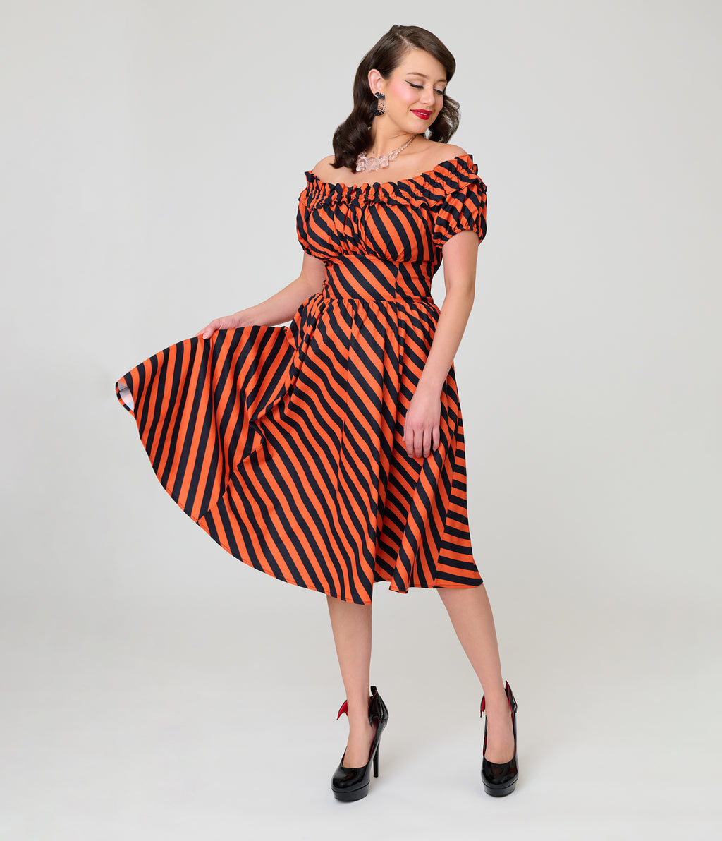 Unique Vintage Orange & Black Stripe Off The Shoulder Ruffle Sandra Swing Dress