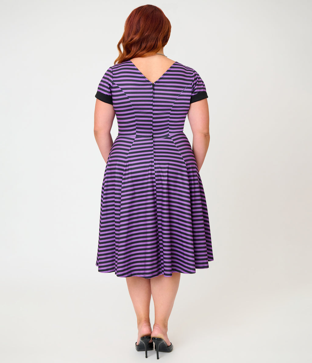 Unique Vintage Plus Size Purple & Black Stripe Natalie Swing Dress