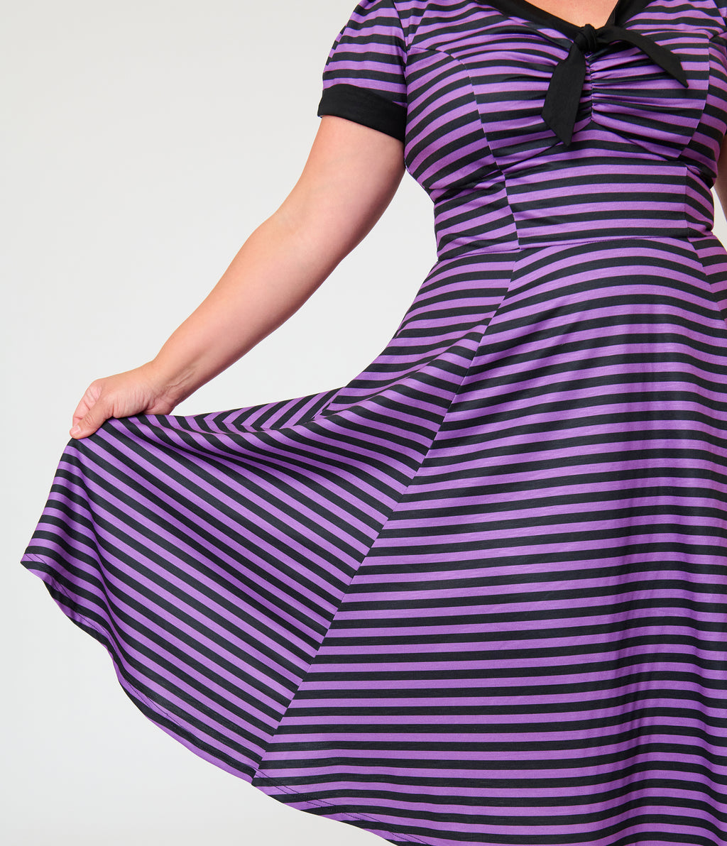 Unique Vintage Plus Size Purple & Black Stripe Natalie Swing Dress
