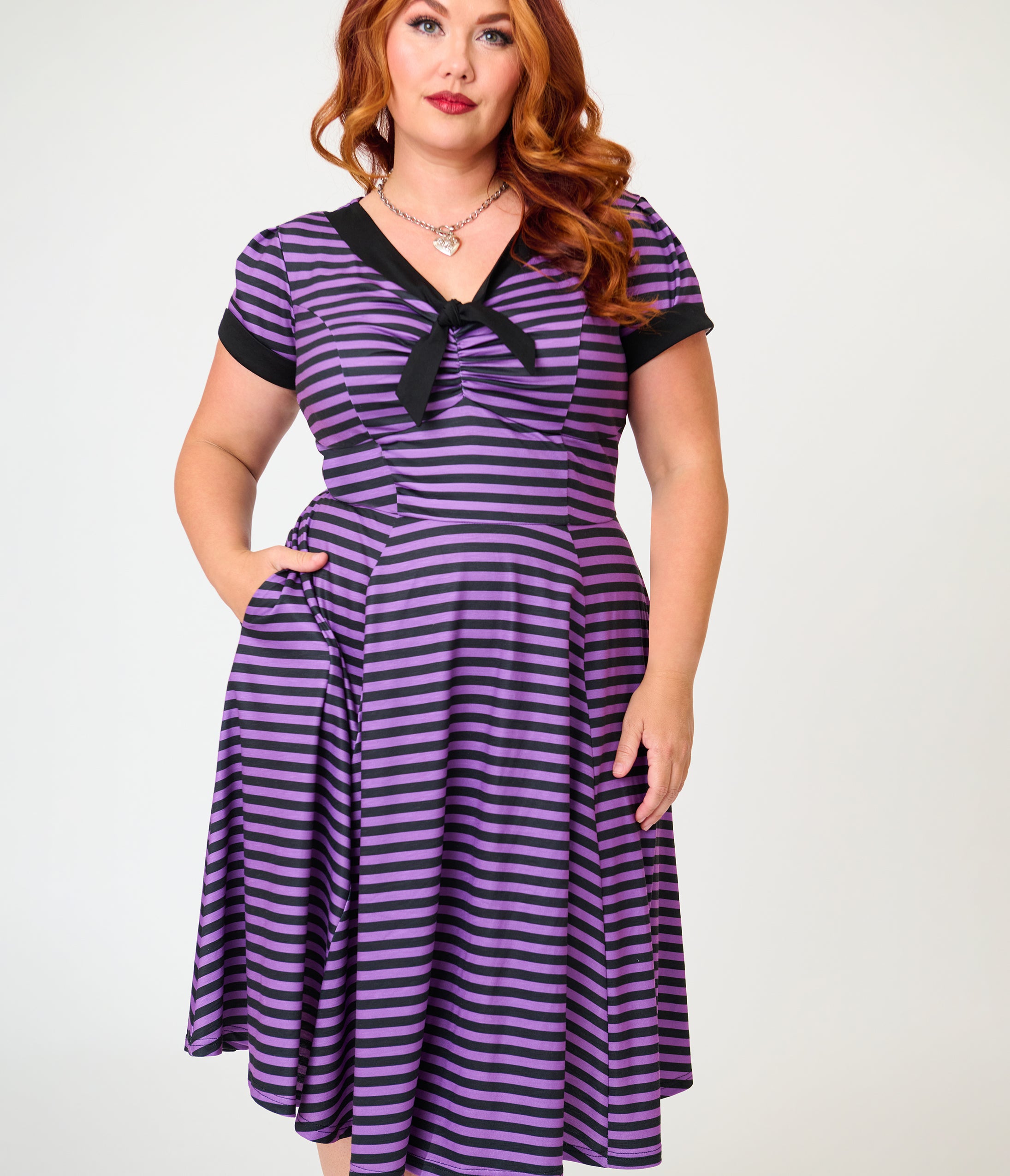 Unique Vintage Plus Size Purple & Black Stripe Natalie Swing Dress
