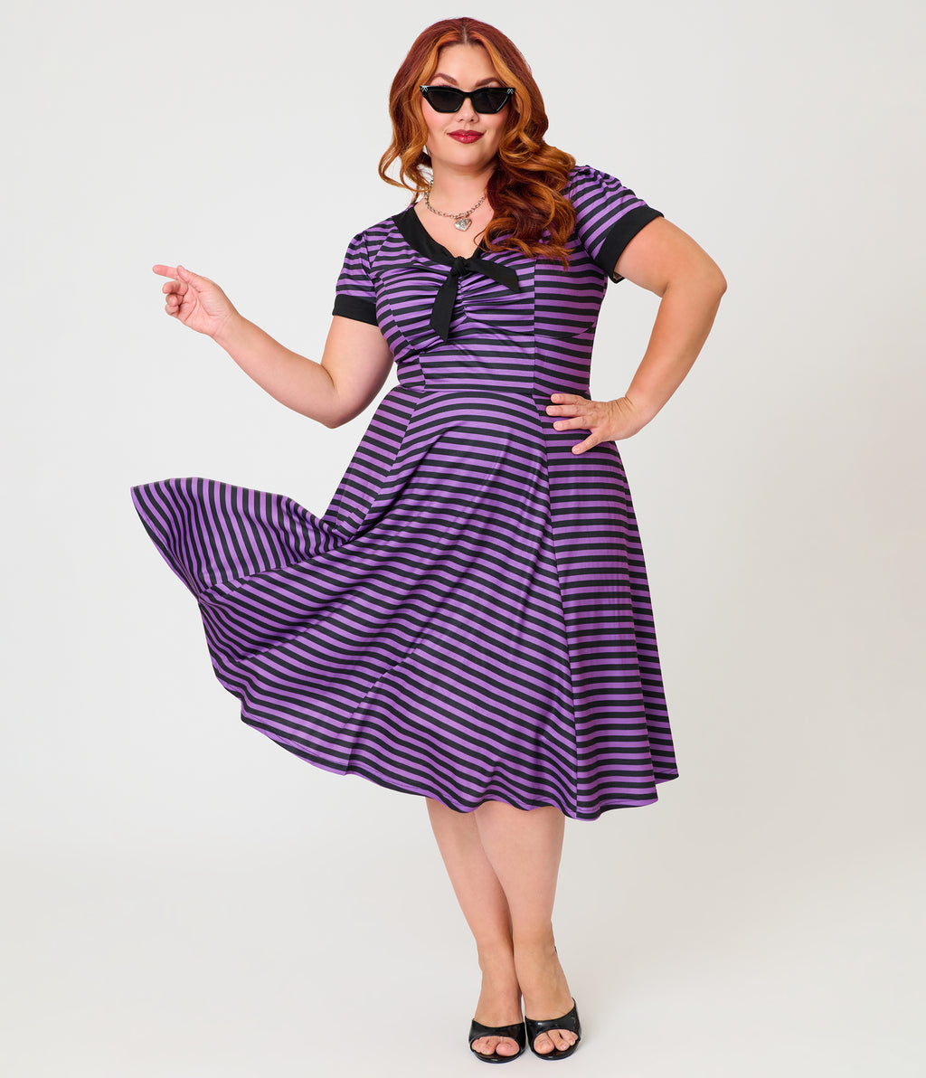 Unique Vintage Plus Size Purple & Black Stripe Natalie Swing Dress