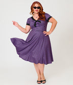 Unique Vintage Plus Size Purple & Black Stripe Natalie Swing Dress