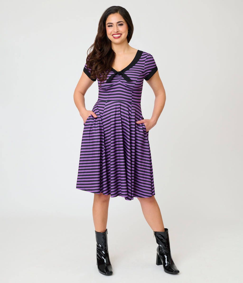 Unique Vintage Purple & Black Stripe Natalie Swing Dress