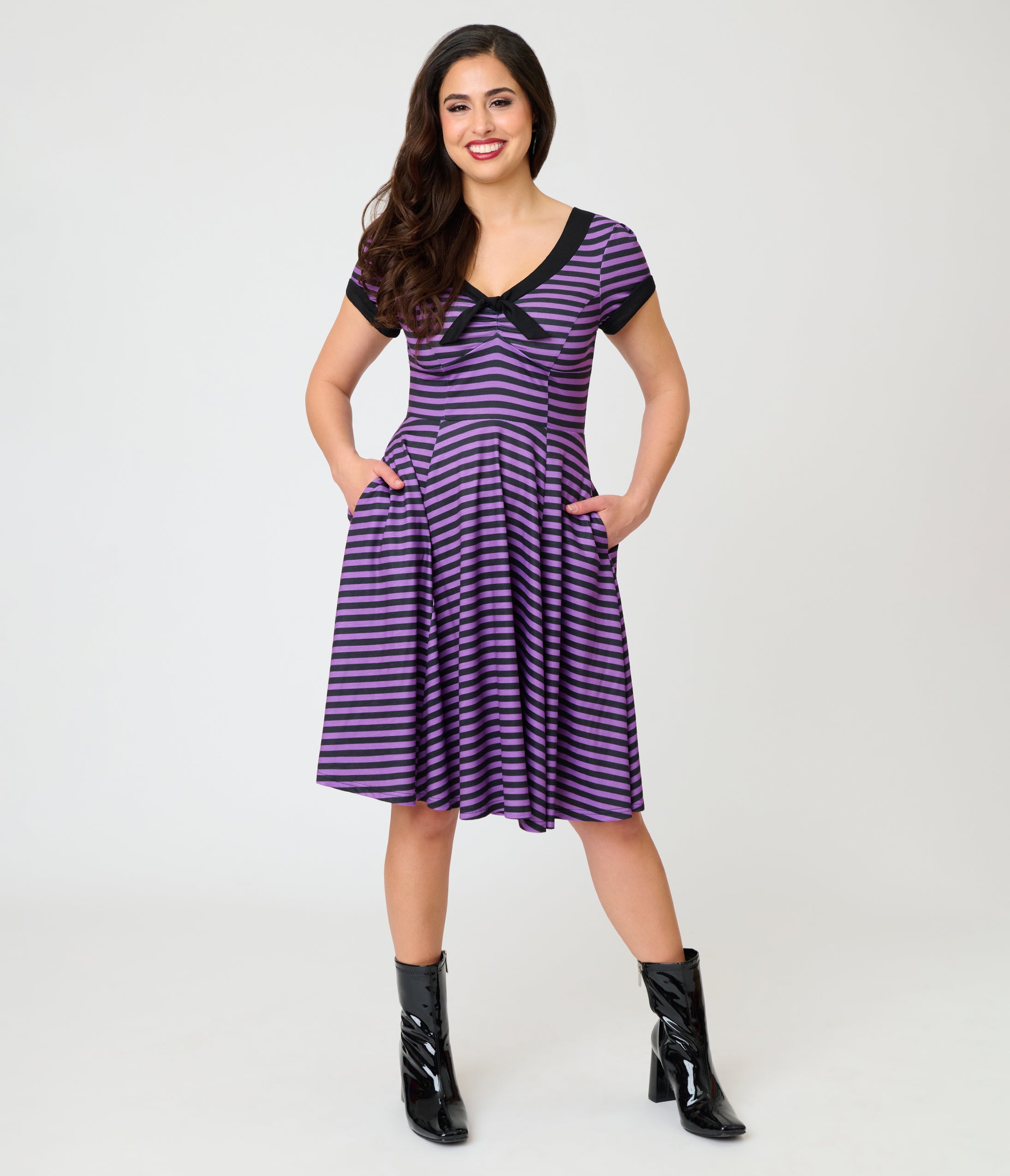Unique Vintage Purple & Black Stripe Natalie Swing Dress