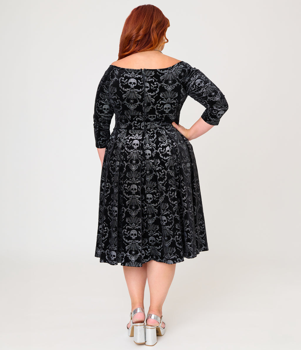 Unique Vintage Plus Size Black Velvet Skull Print Marceline Swing Dress