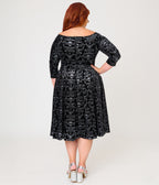 Unique Vintage Plus Size Black Velvet Skull Print Marceline Swing Dress