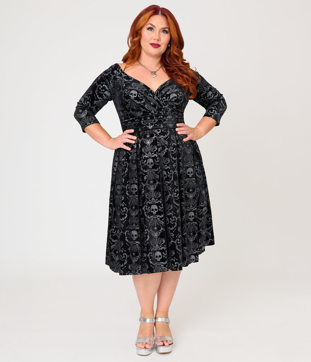 Unique Vintage Plus Size Black Velvet Skull Print Marceline Swing Dress