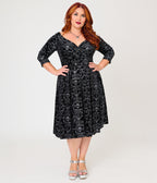 Unique Vintage Plus Size Black Velvet Skull Print Marceline Swing Dress