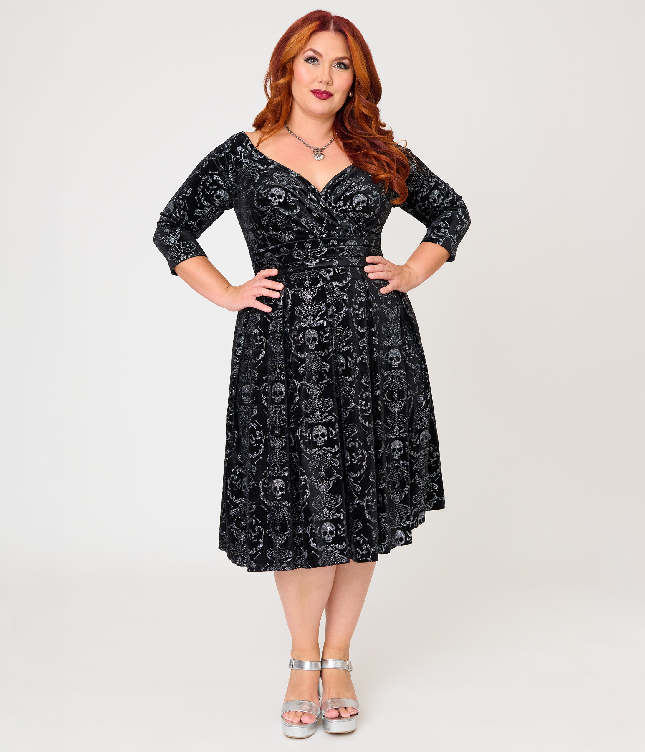 Unique Vintage Plus Size Black Velvet Skull Print Marceline Swing Dress