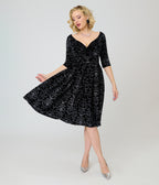 Unique Vintage Black Velvet Skull Print Marceline Swing Dress