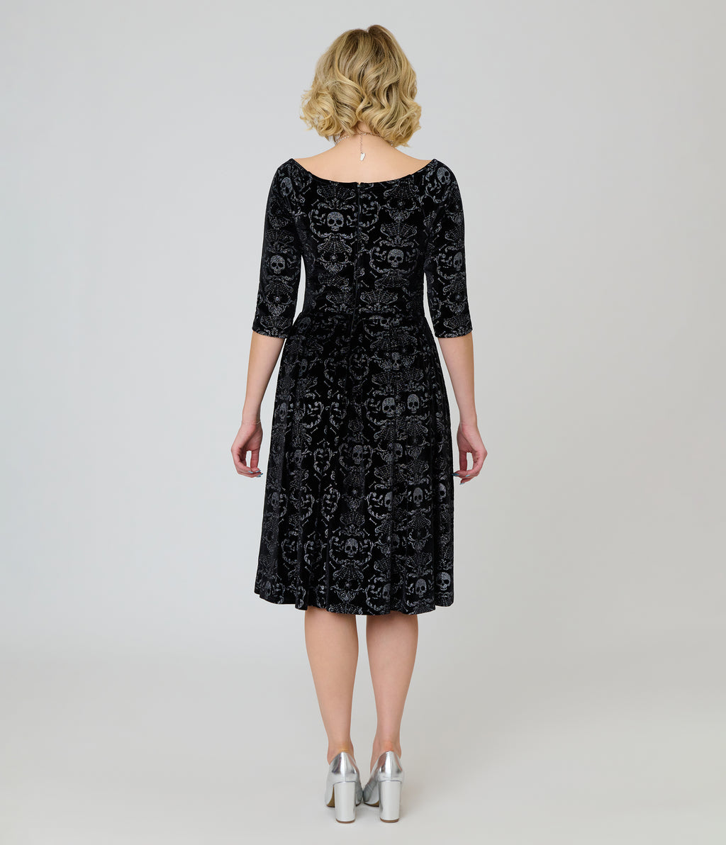 Unique Vintage Black Velvet Skull Print Marceline Swing Dress
