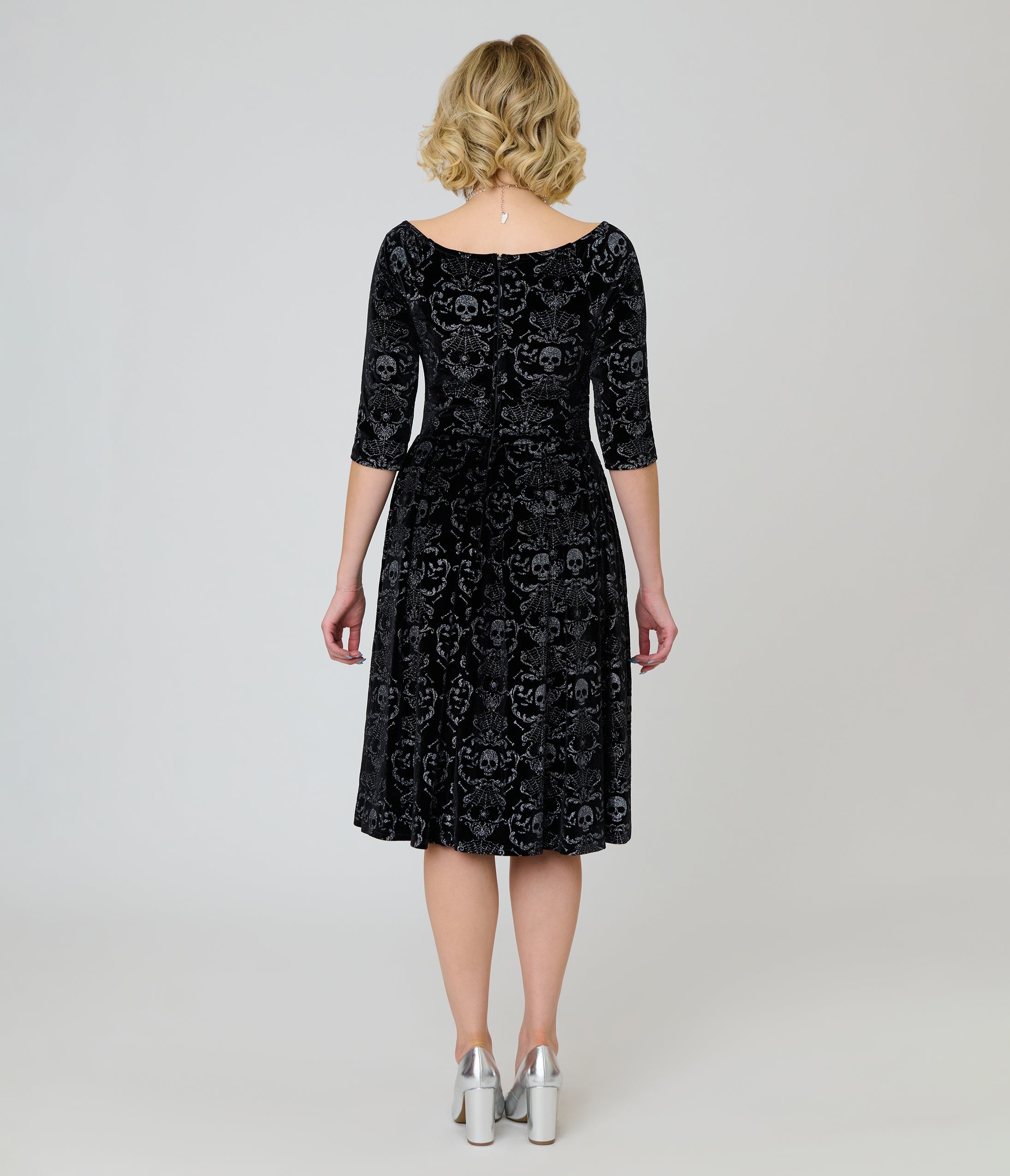 Unique Vintage Black Velvet Skull Print Marceline Swing Dress