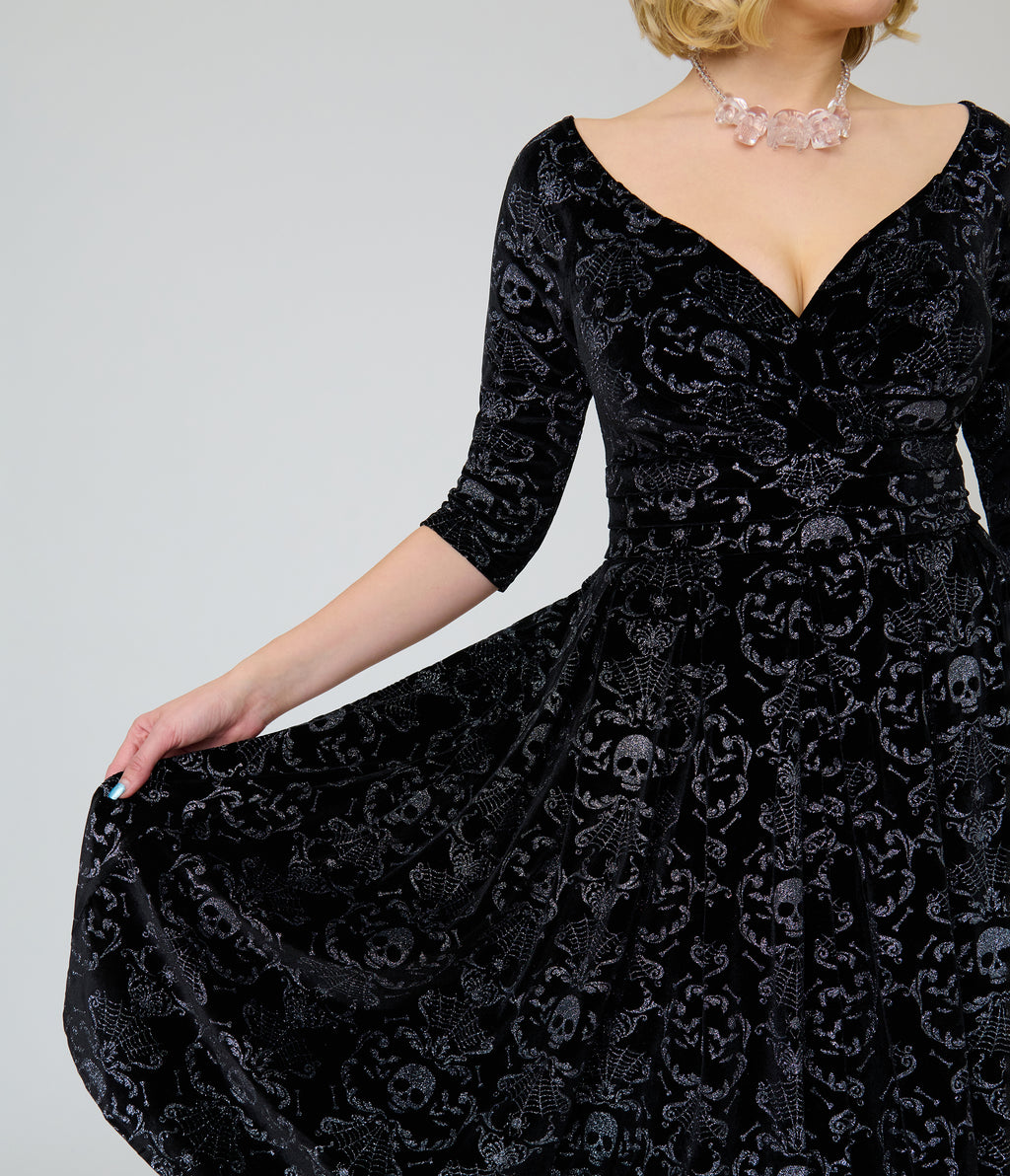 Unique Vintage Black Velvet Skull Print Marceline Swing Dress