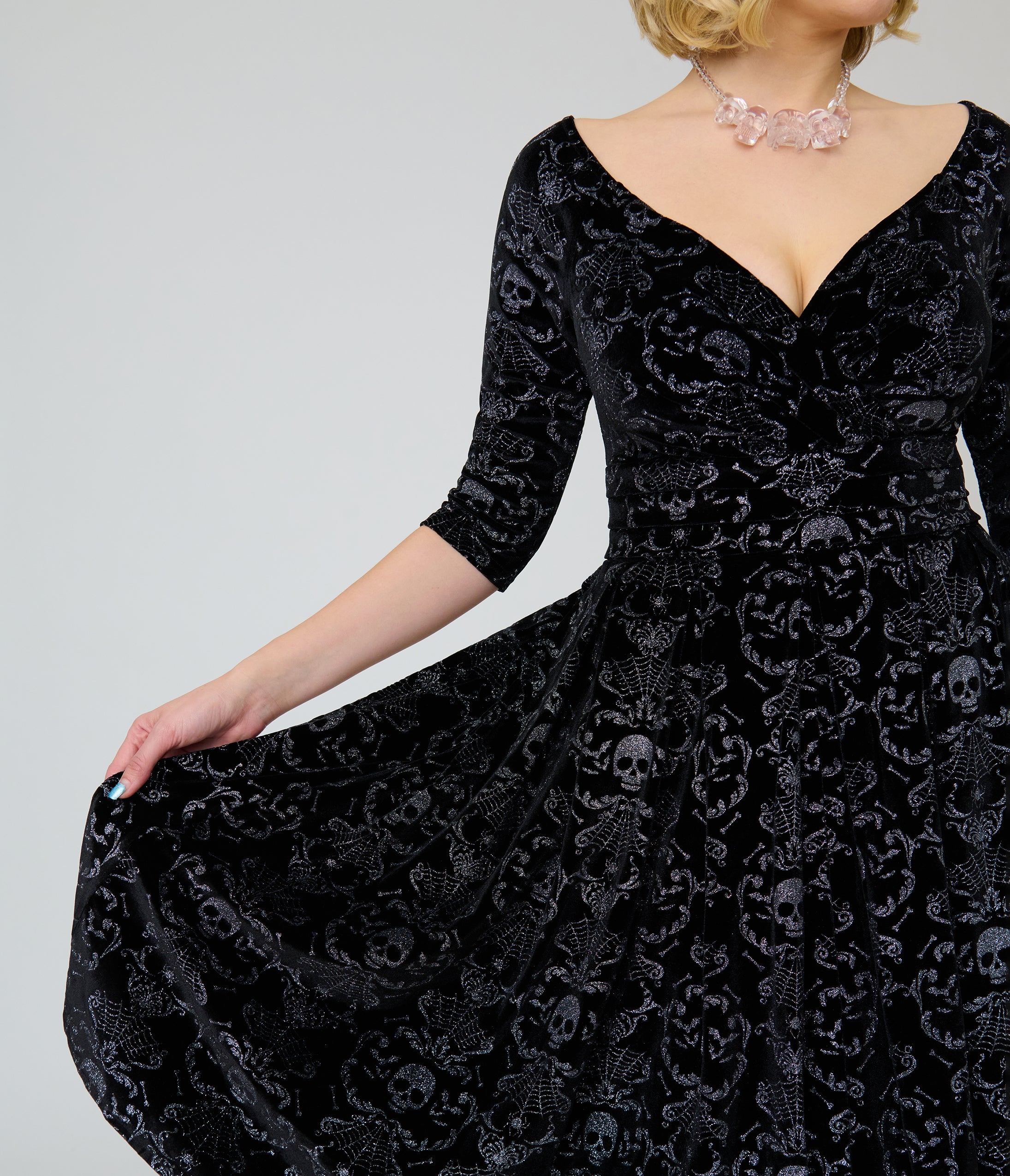 Unique Vintage Black Velvet Skull Print Marceline Swing Dress