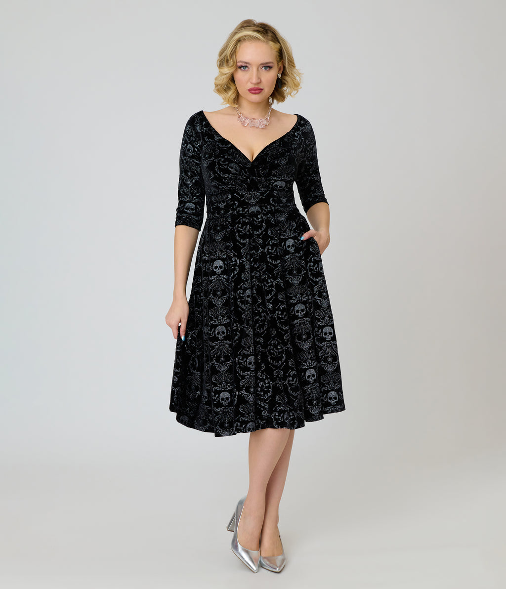 Unique Vintage Black Velvet Skull Print Marceline Swing Dress