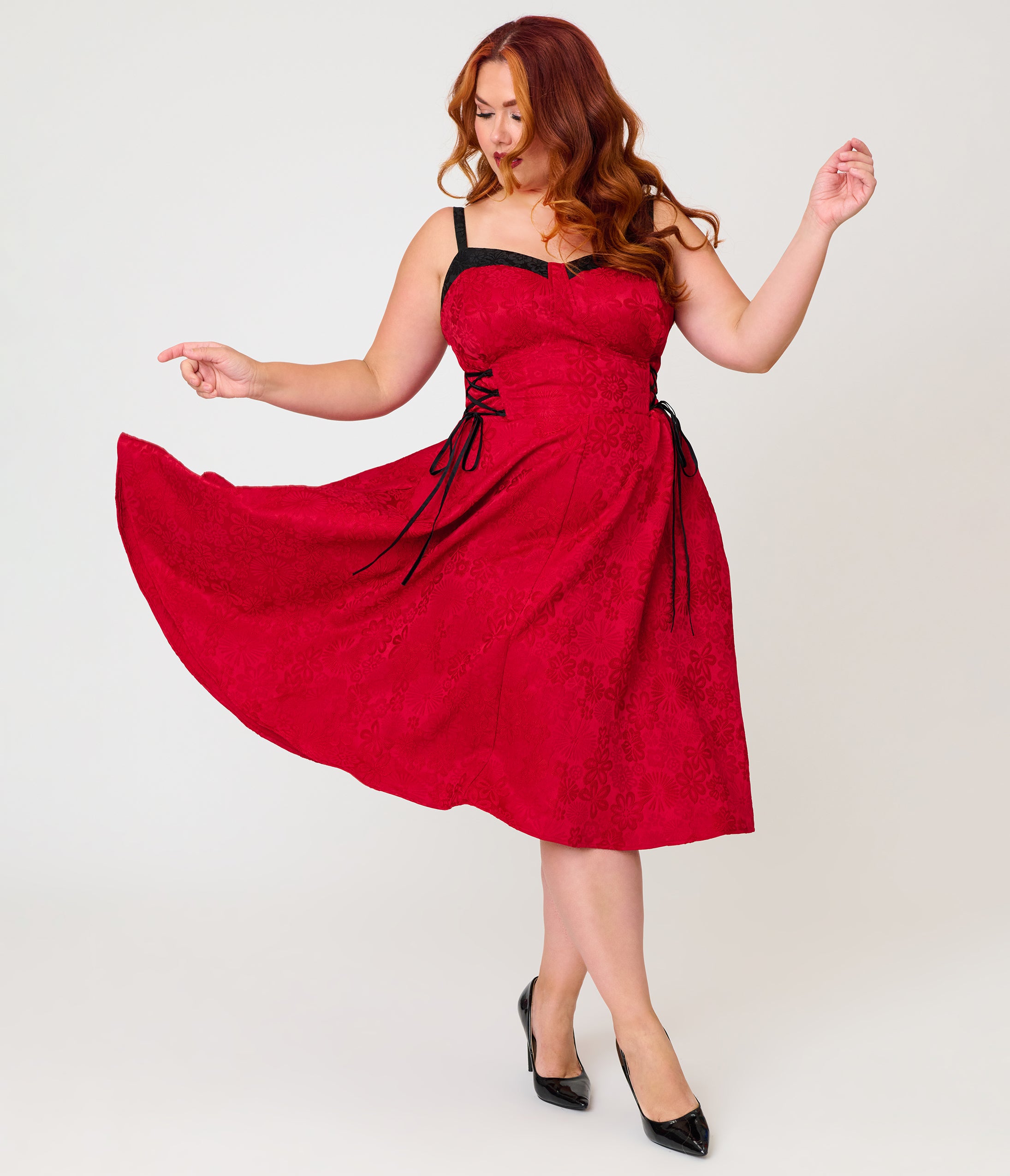 Unique Vintage Plus Size Burgundy Jacquard Lace Up Sweetheart Betty Swing Dress