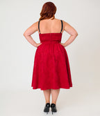 Unique Vintage Plus Size Burgundy Jacquard Lace Up Sweetheart Betty Swing Dress