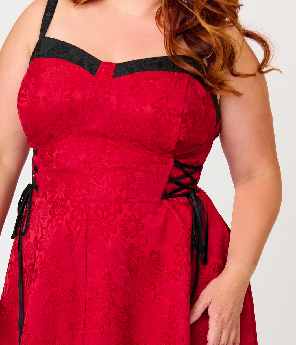 Unique Vintage Plus Size Burgundy Jacquard Lace Up Sweetheart Betty Swing Dress