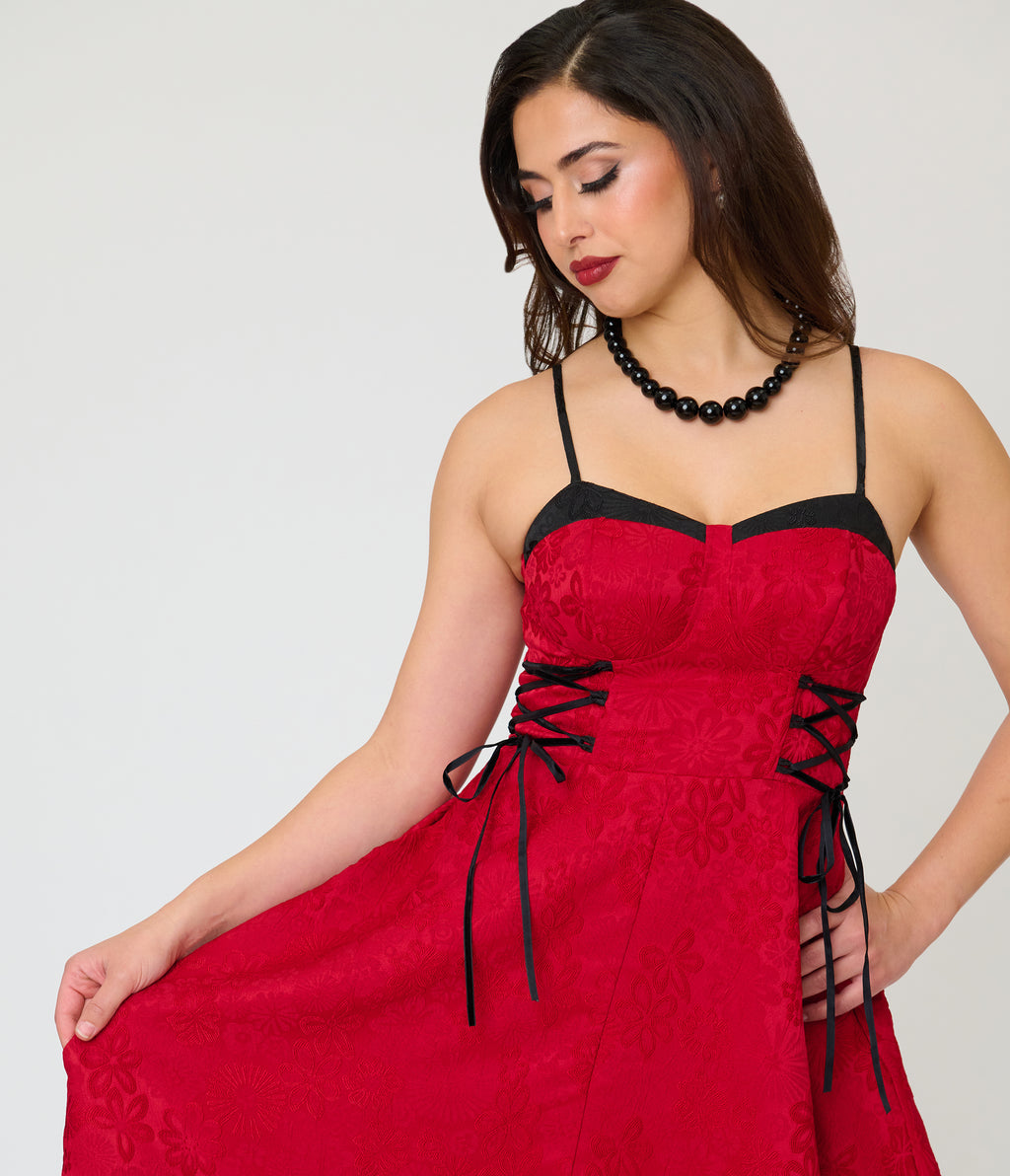 Unique Vintage Burgundy Jacquard Lace Up Sweetheart Betty Swing Dress