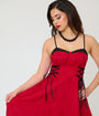 Unique Vintage Burgundy Jacquard Lace Up Sweetheart Betty Swing Dress