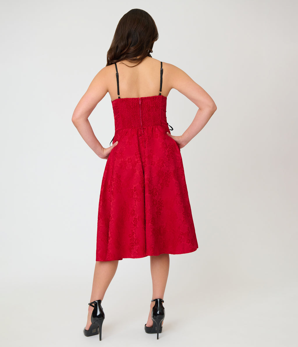 Unique Vintage Burgundy Jacquard Lace Up Sweetheart Betty Swing Dress