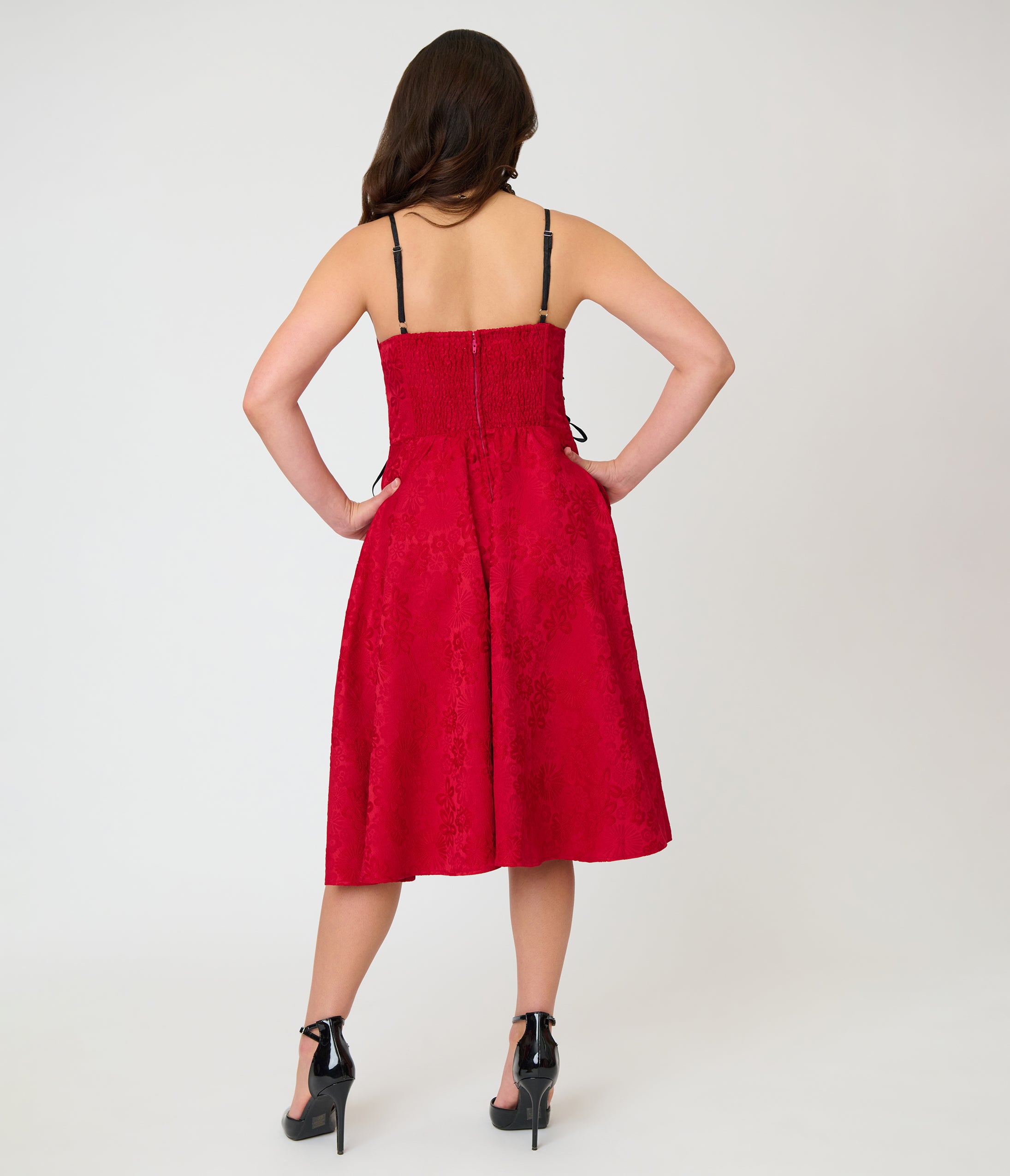 Unique Vintage Burgundy Jacquard Lace Up Sweetheart Betty Swing Dress
