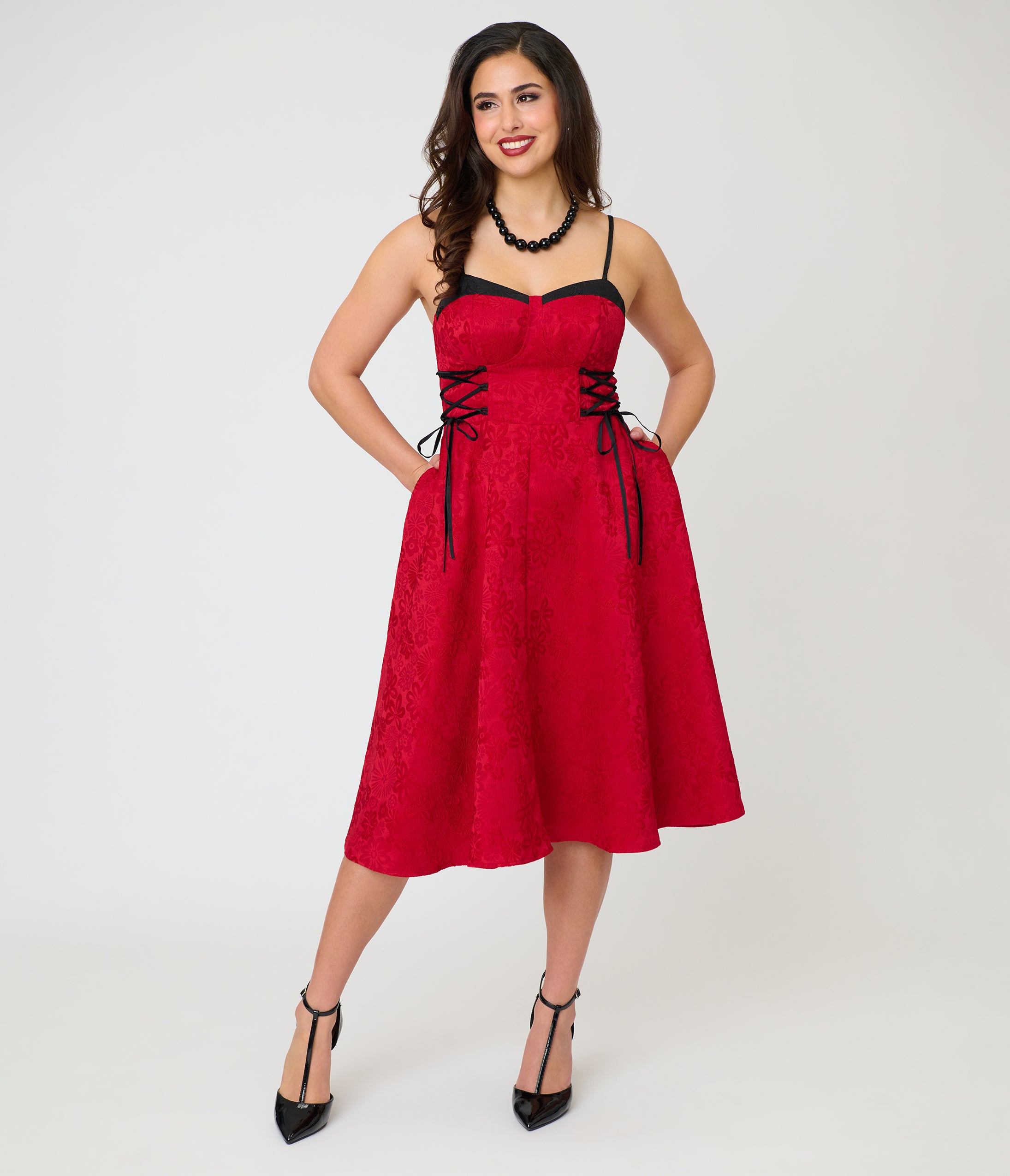 Unique Vintage Burgundy Jacquard Lace Up Sweetheart Betty Swing Dress