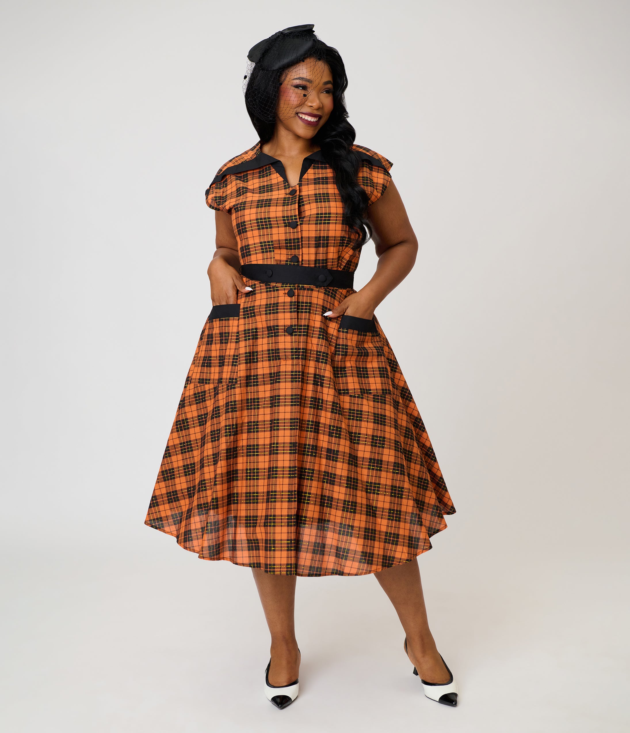 ワンピース Ameri vintage VINTAGE JACQUARD DRESS Unique Vintage Plus Size Orange Plaid Cotton Hedda Swing Dress