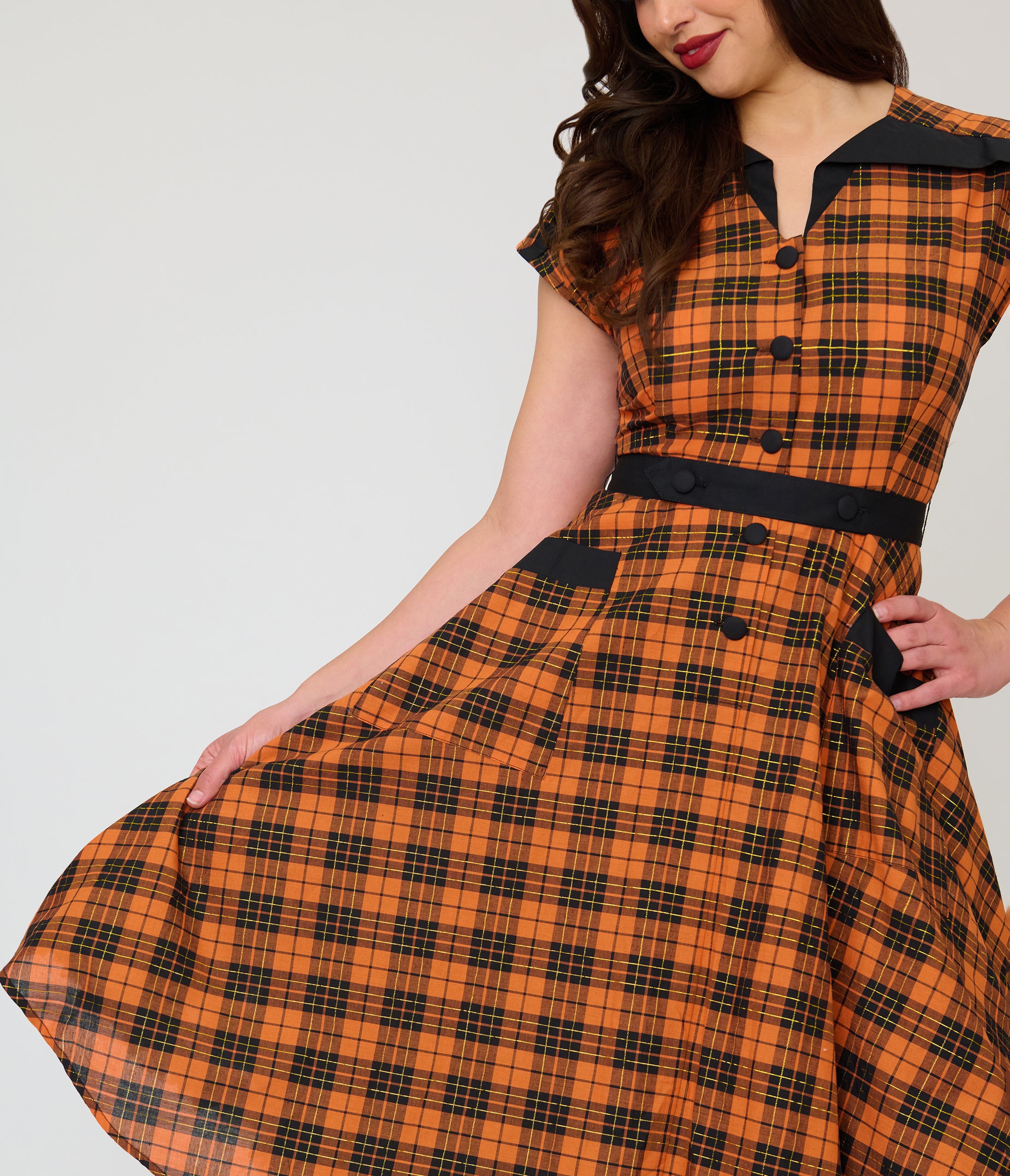 Unique Vintage Orange Plaid Cotton Hedda Swing Dress