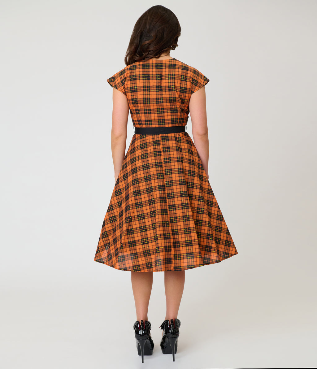 Unique Vintage Orange Plaid Cotton Hedda Swing Dress