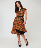 Unique Vintage Orange Plaid Cotton Hedda Swing Dress