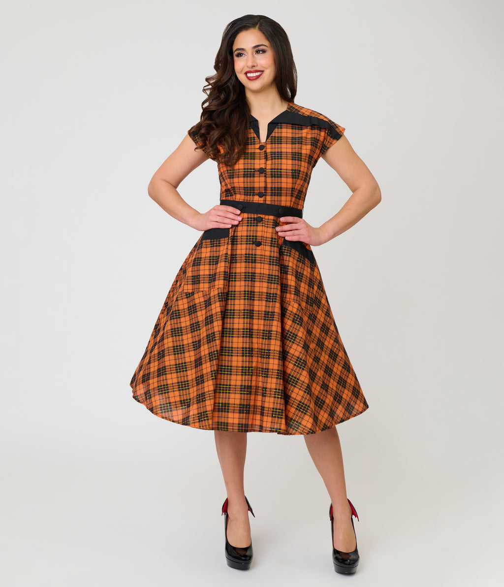 Unique Vintage Orange Plaid Cotton Hedda Swing Dress