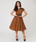 Unique Vintage Orange Plaid Cotton Hedda Swing Dress