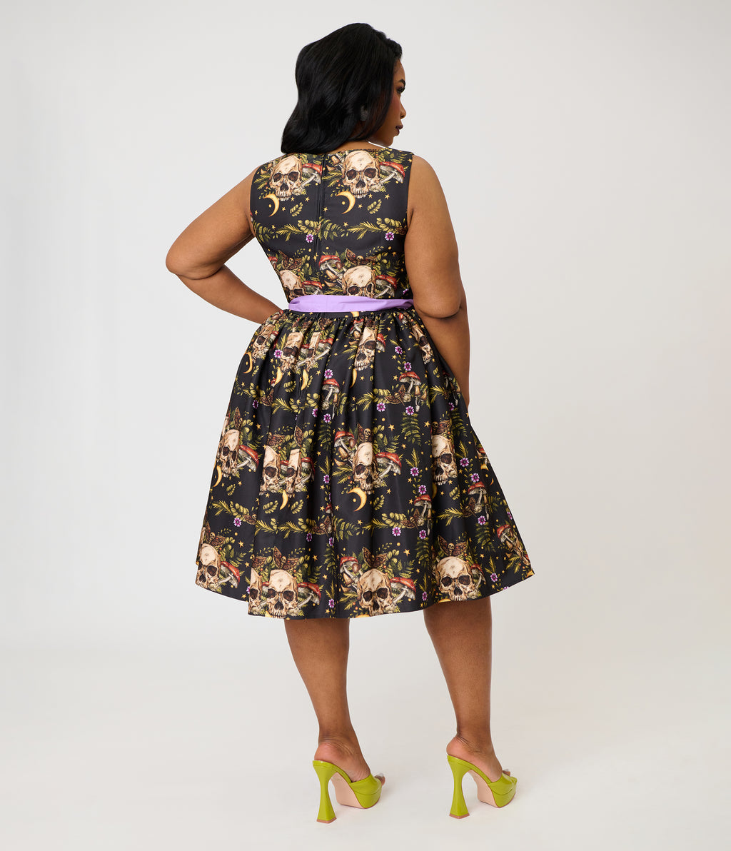 Unique Vintage Plus Size Black Skull Print Margaret Swing Dress